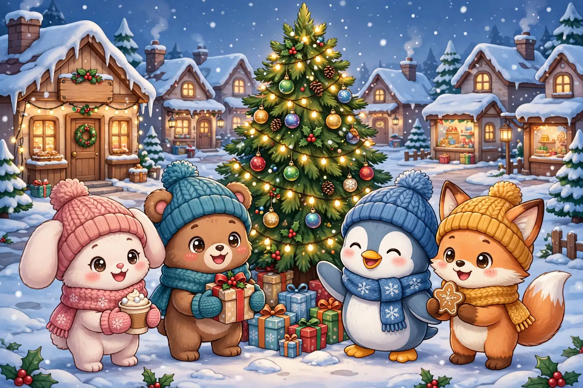 Avatar World Seasonal Events: Halloween, Christmas and More 3 Cute avatar characters celebrating Christmas in a snowy town with decorated tree and falling snow