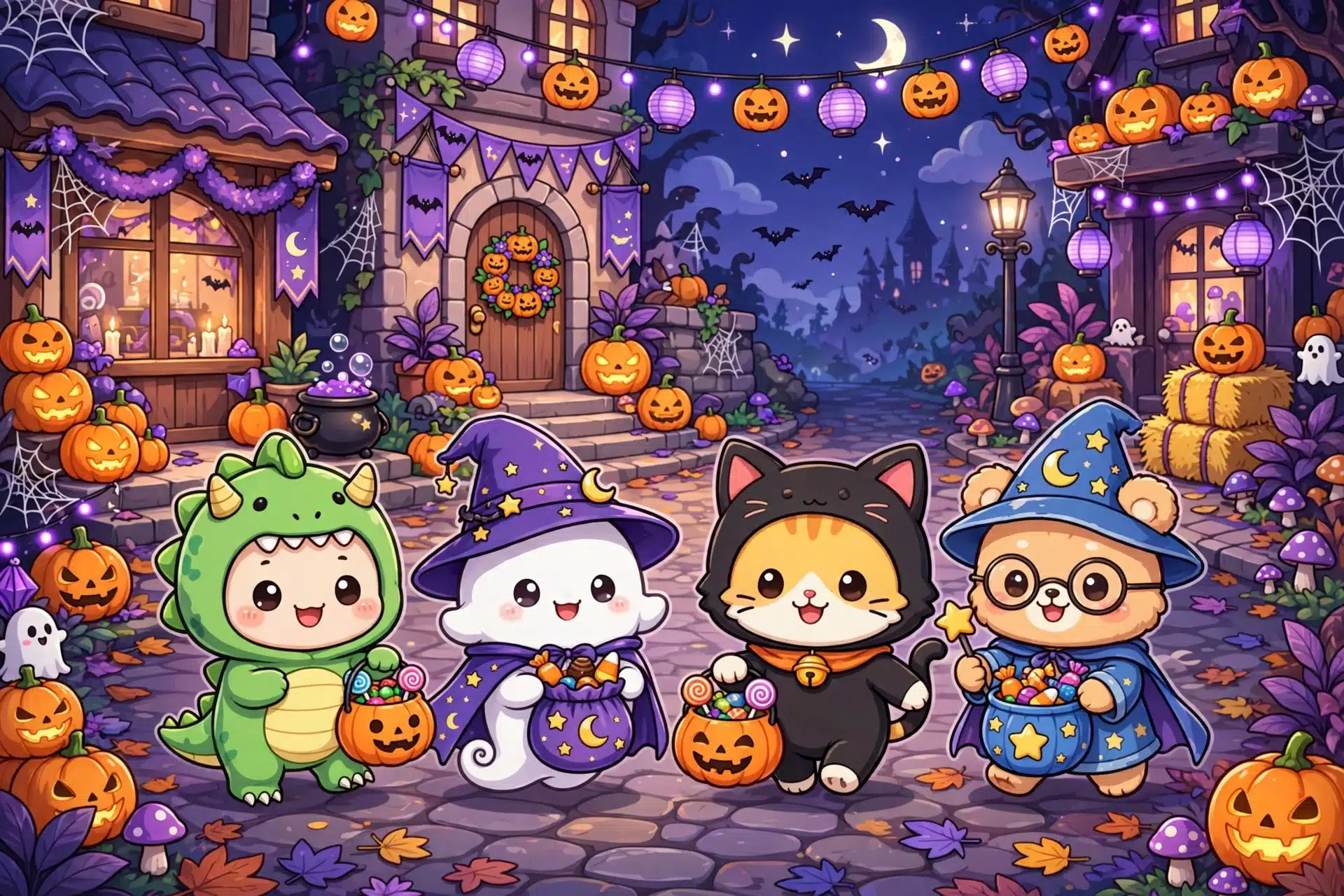 Avatar World Seasonal Events: Halloween, Christmas and More 2 Cute avatar characters in Halloween costumes trick or treating on a spooky decorated street with pumpkins